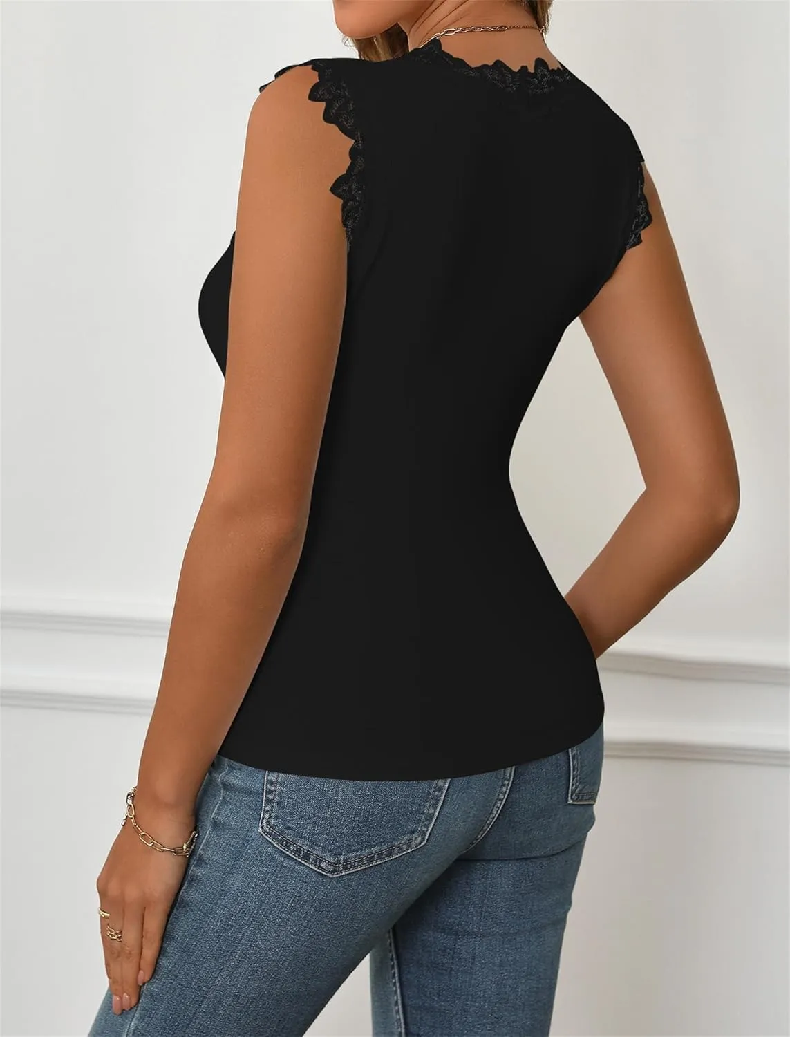Women Lace Trim Sleeveless Sexy V Neck Cami Tank Tops Solid Slim Fit Stretch Summer Shirt