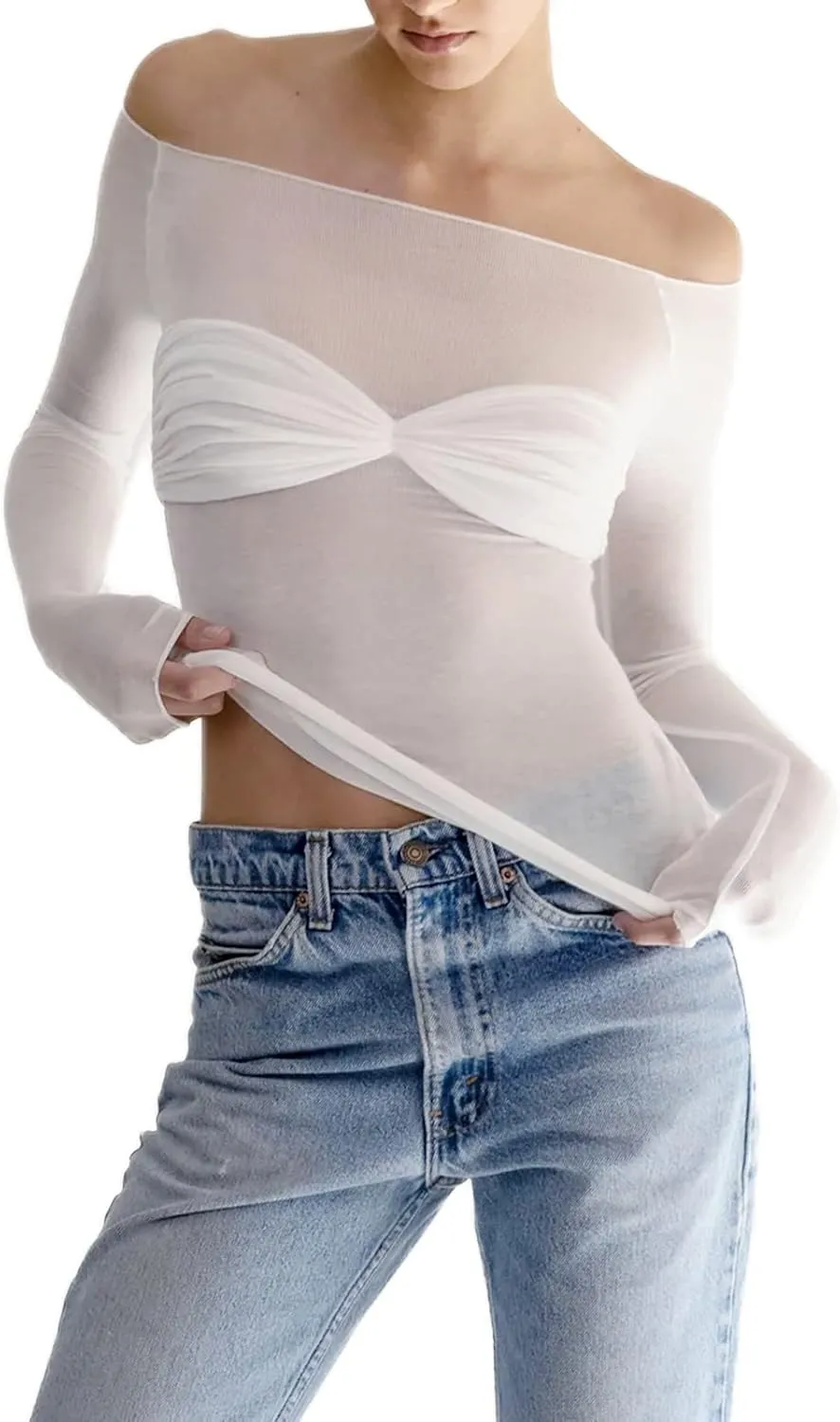 Women Off Shoulder Shirt Y2K White Long Sleeve Slim Fit Top Tee Sexy Streetwear Blouse Tops