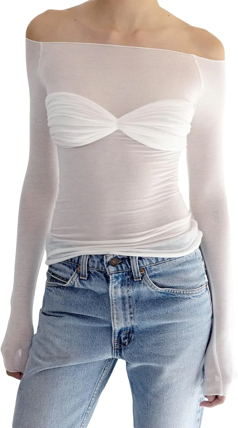 Women Off Shoulder Shirt Y2K White Long Sleeve Slim Fit Top Tee Sexy Streetwear Blouse Tops