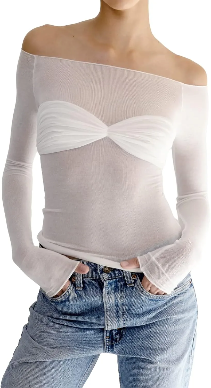 Women Off Shoulder Shirt Y2K White Long Sleeve Slim Fit Top Tee Sexy Streetwear Blouse Tops