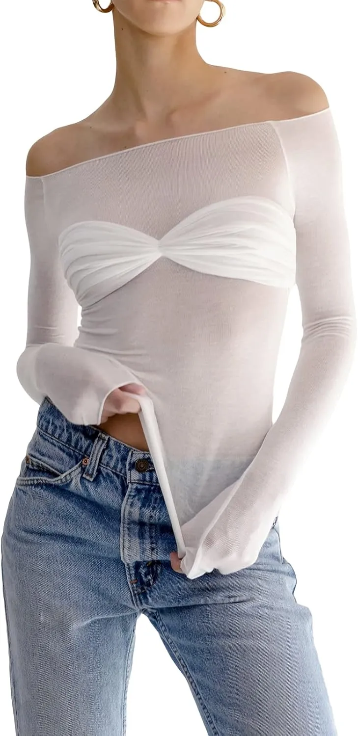 Women Off Shoulder Shirt Y2K White Long Sleeve Slim Fit Top Tee Sexy Streetwear Blouse Tops