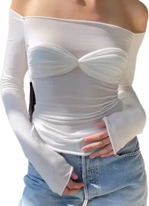 Women Off Shoulder Shirt Y2K White Long Sleeve Slim Fit Top Tee Sexy Streetwear Blouse Tops