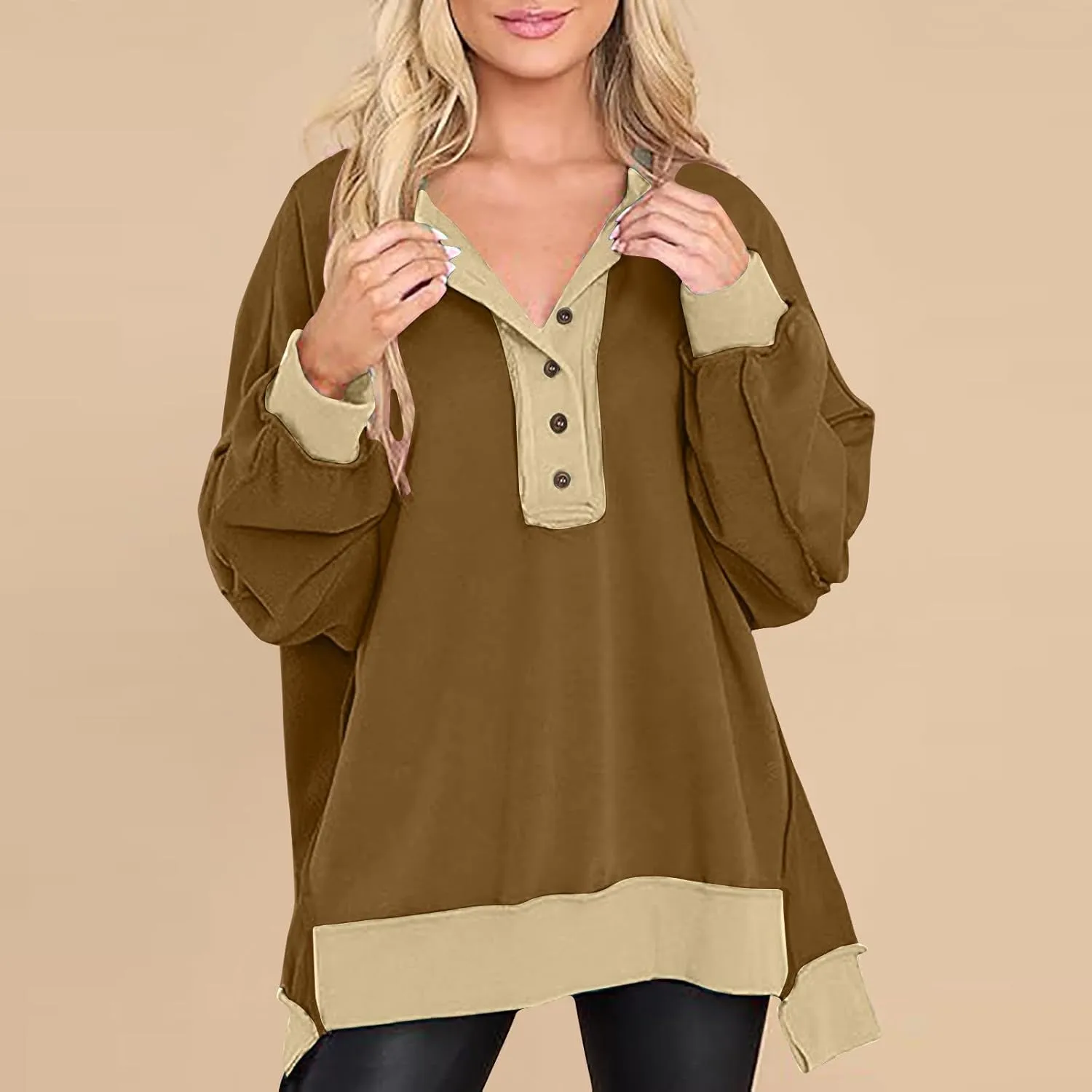 Women Oversized V Neck Side Slit Long Sleeve Pullover Shirts Splicing Cute Fall Fashion Casual Hoodies Sweatshirt