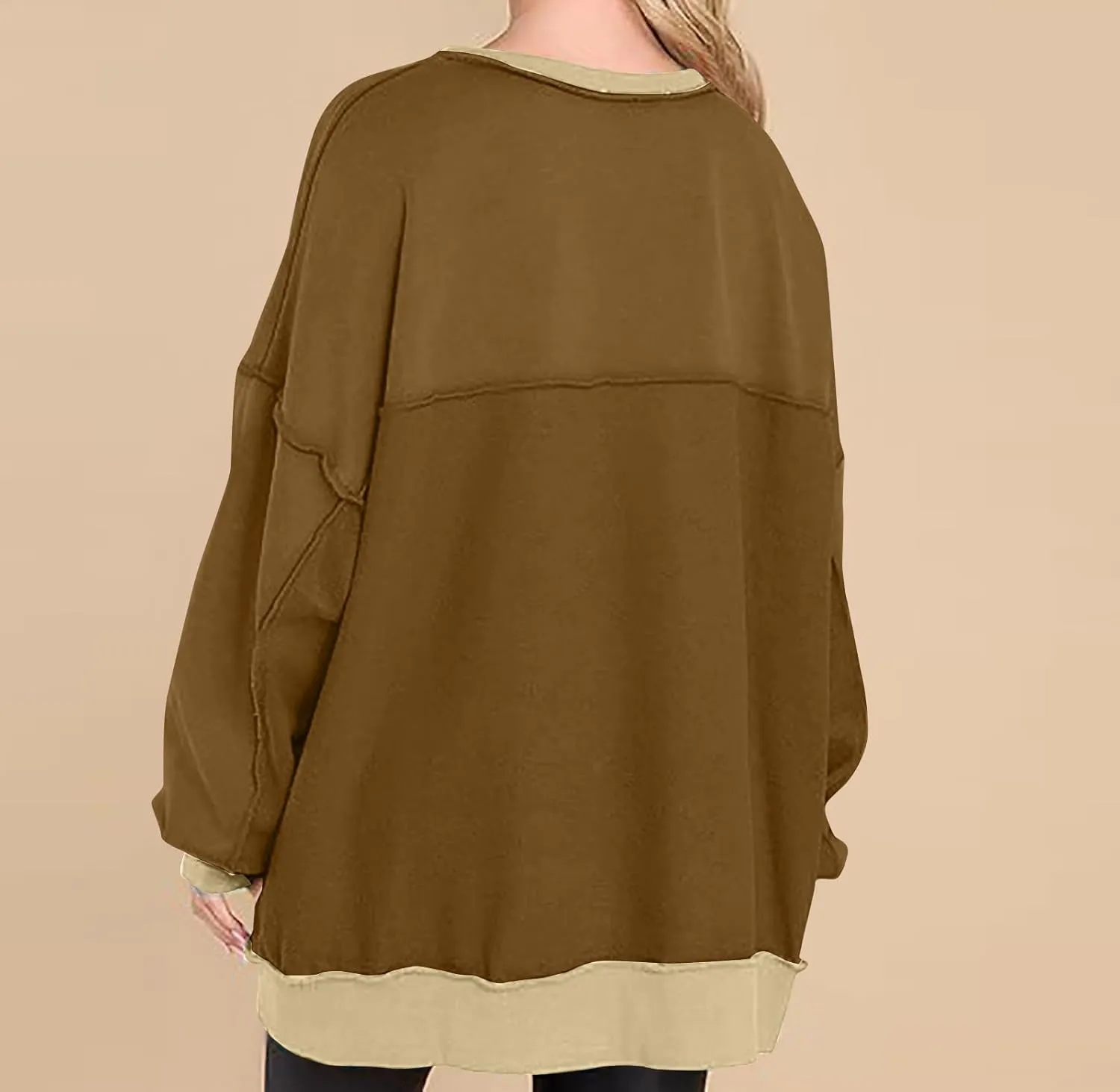 Women Oversized V Neck Side Slit Long Sleeve Pullover Shirts Splicing Cute Fall Fashion Casual Hoodies Sweatshirt