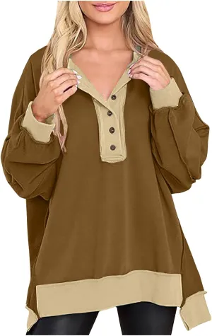 Women Oversized V Neck Side Slit Long Sleeve Pullover Shirts Splicing Cute Fall Fashion Casual Hoodies Sweatshirt