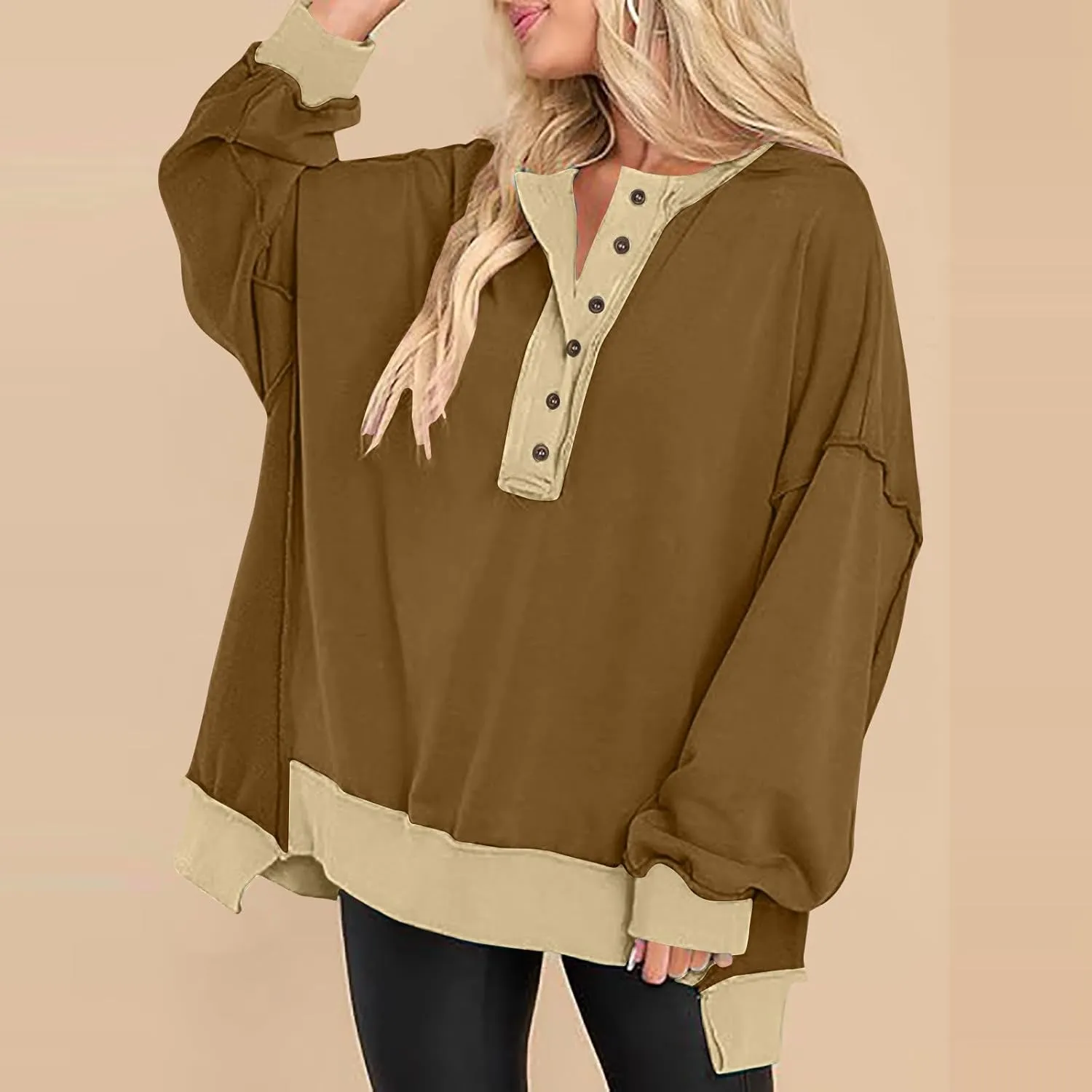 Women Oversized V Neck Side Slit Long Sleeve Pullover Shirts Splicing Cute Fall Fashion Casual Hoodies Sweatshirt