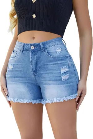 Women Plus Size Jean Shorts Sexy Stretchy High Waisted Frayed Raw Hem Denim Shorts Plus Size Sexy Jean