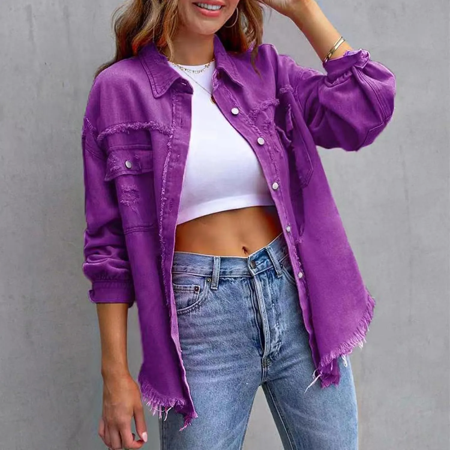 Women Ripped Distressed Denim Jacket Long Sleeve Button Down Casual Boyfriend Jean Coat E Girl Trucker Jackets