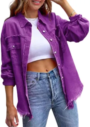 Women Ripped Distressed Denim Jacket Long Sleeve Button Down Casual Boyfriend Jean Coat E Girl Trucker Jackets