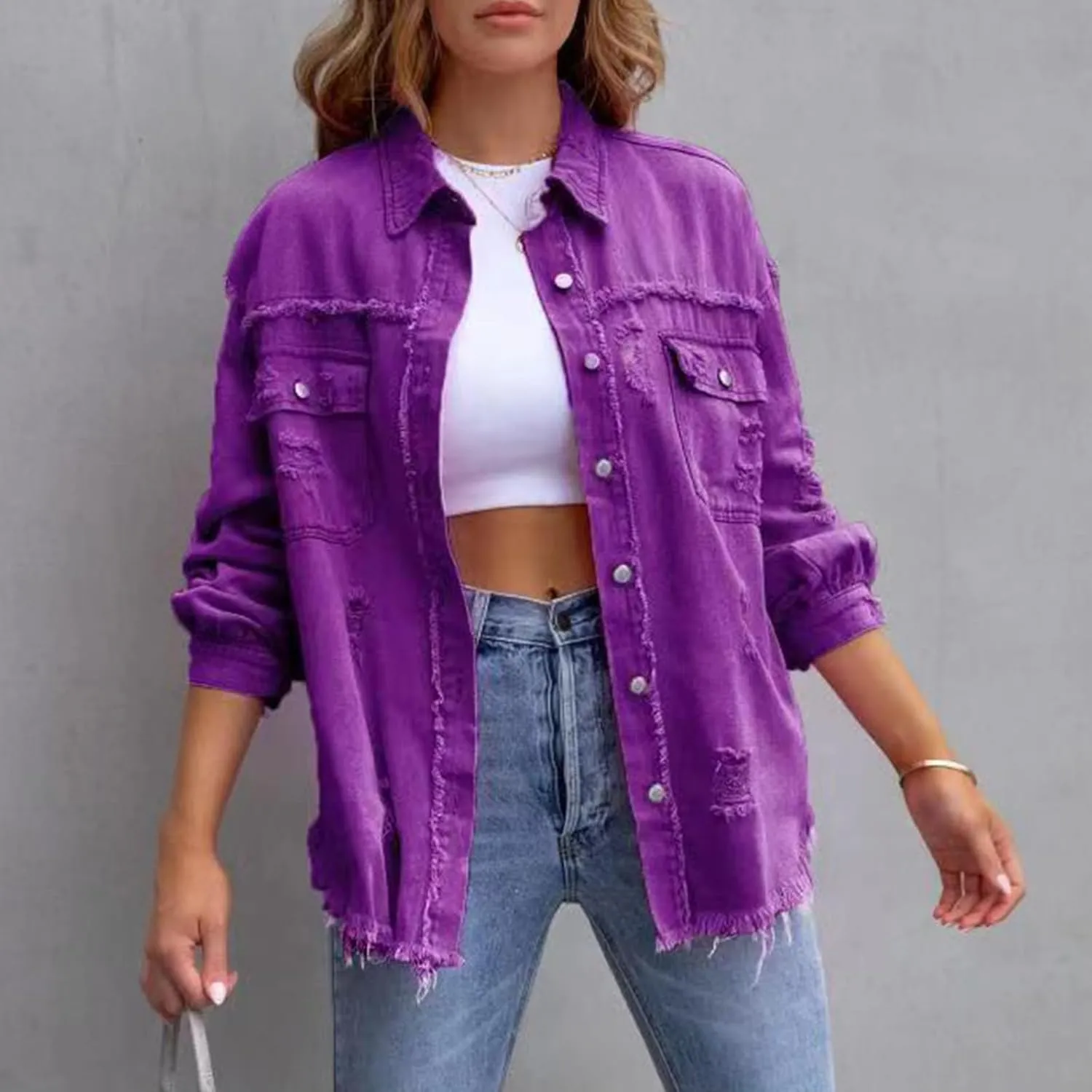 Women Ripped Distressed Denim Jacket Long Sleeve Button Down Casual Boyfriend Jean Coat E Girl Trucker Jackets