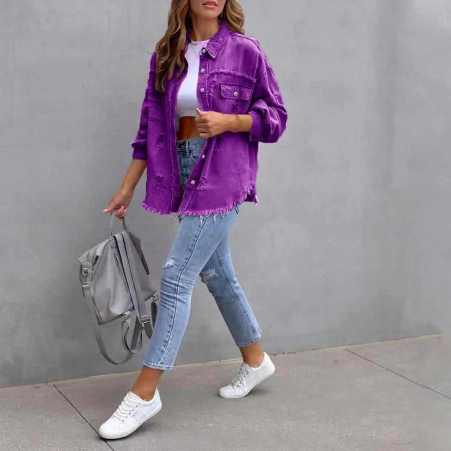 Women Ripped Distressed Denim Jacket Long Sleeve Button Down Casual Boyfriend Jean Coat E Girl Trucker Jackets