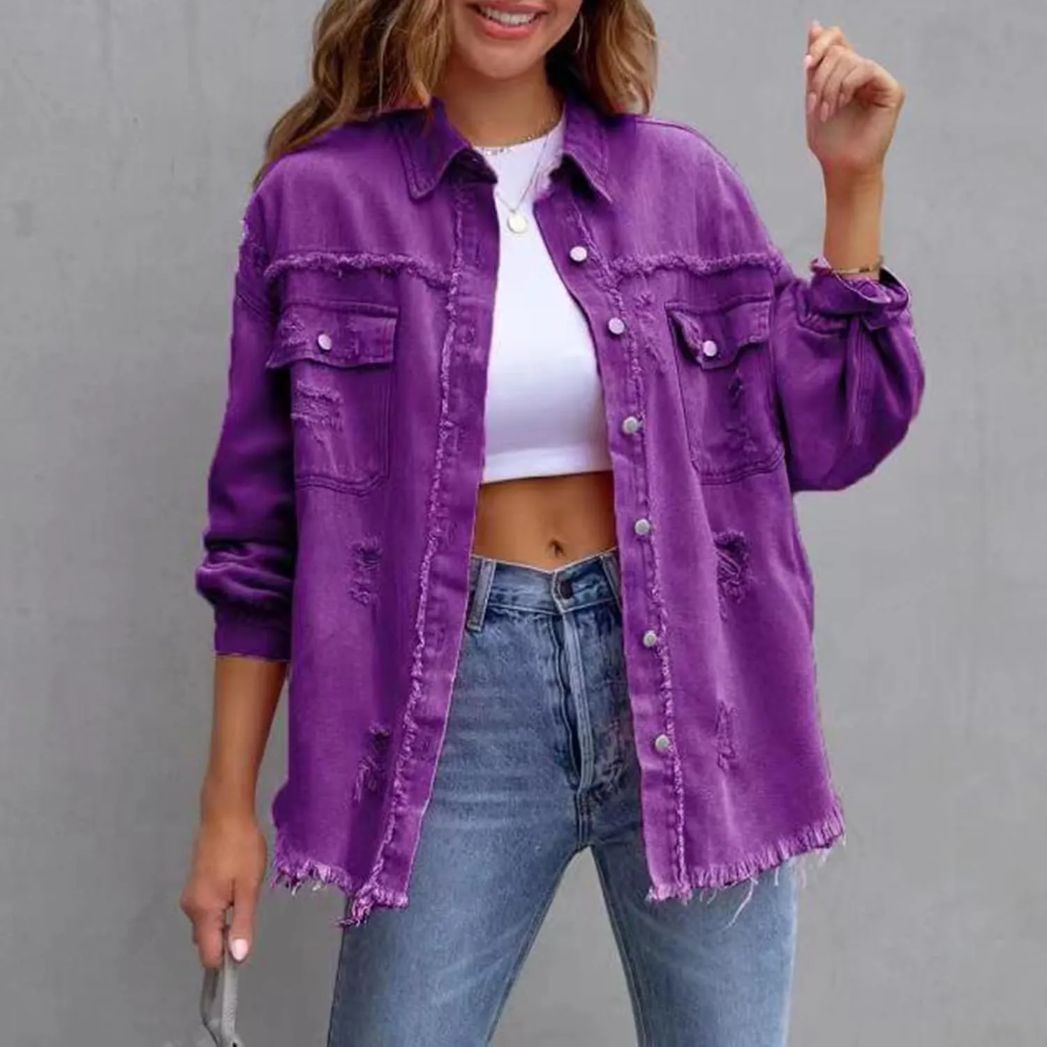 Women Ripped Distressed Denim Jacket Long Sleeve Button Down Casual Boyfriend Jean Coat E Girl Trucker Jackets