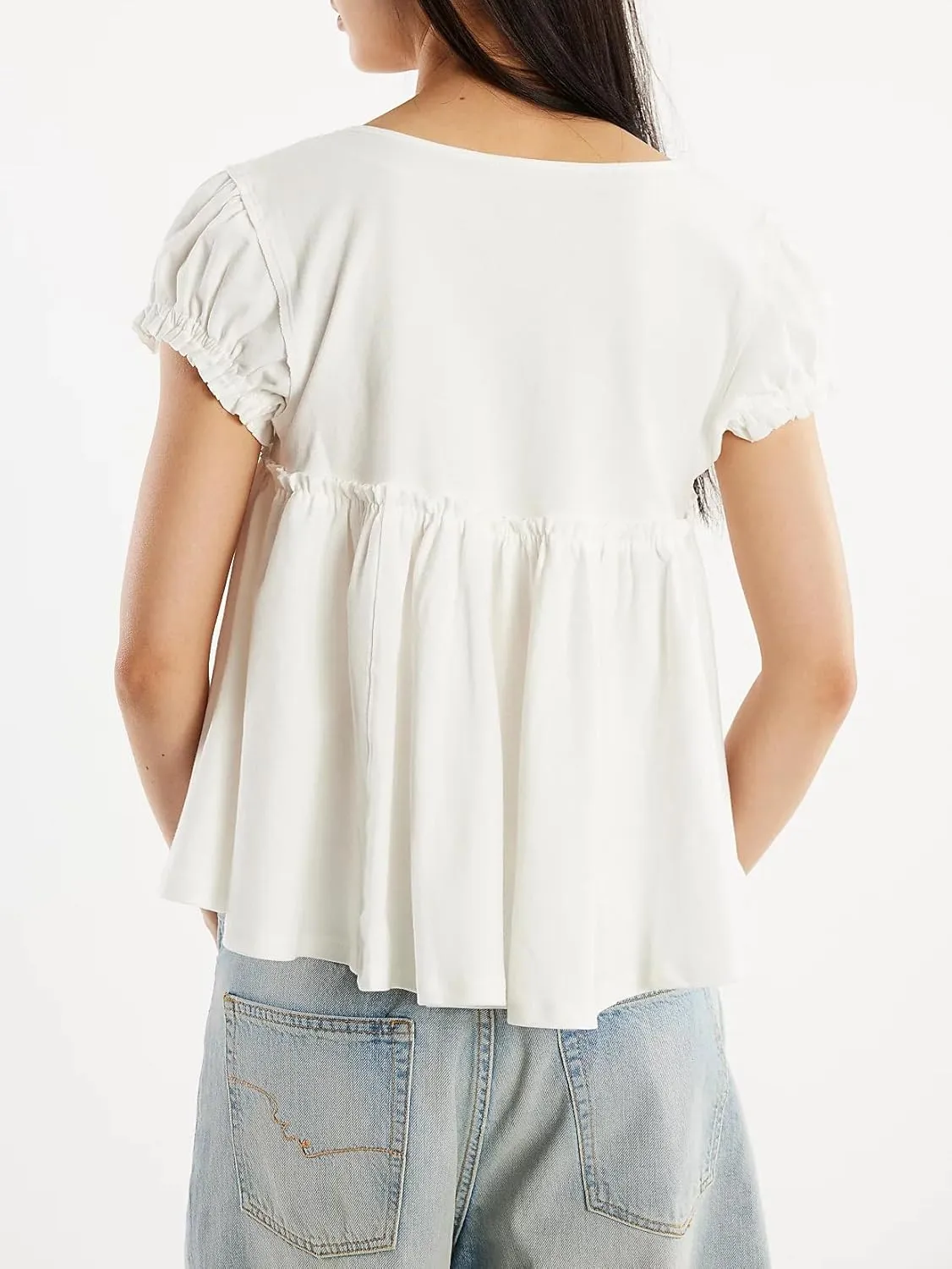 Women Ruffle Tie Front Babydoll Tops Summer Flowy Short Sleeve Peplum Top Boho Y2k Loose Fit Going Out Peasant Blouse