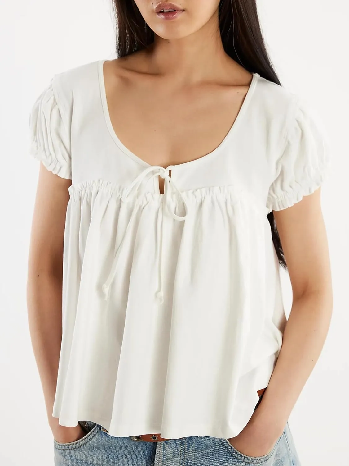 Women Ruffle Tie Front Babydoll Tops Summer Flowy Short Sleeve Peplum Top Boho Y2k Loose Fit Going Out Peasant Blouse