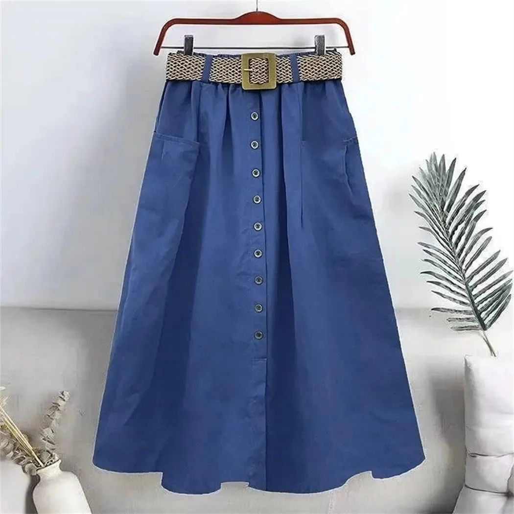 Women Spring Summer Washed Cotton Elastic High-Waist Skirt Pocket Belt Solid Long A-Line Split Hem Skirts