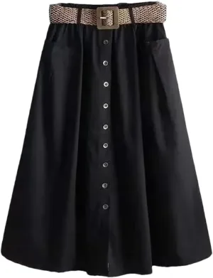 Women Spring Summer Washed Cotton Elastic High-Waist Skirt Pocket Belt Solid Long A-Line Split Hem Skirts