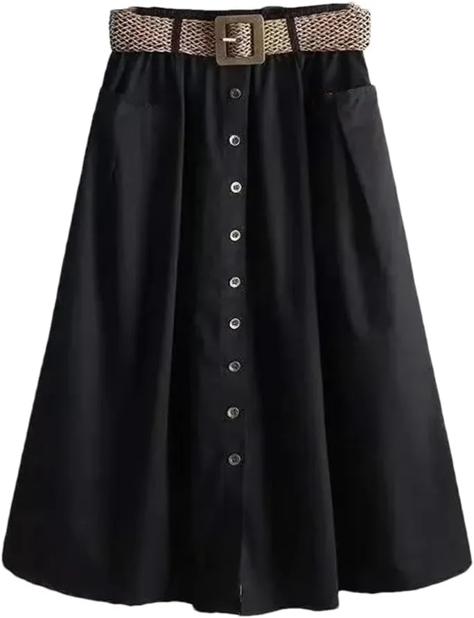 Women Spring Summer Washed Cotton Elastic High-Waist Skirt Pocket Belt Solid Long A-Line Split Hem Skirts
