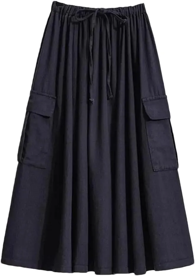 Women Summer Cotton Casual Solid Color Loose Female High Waist Mid Length A-Line Skirts