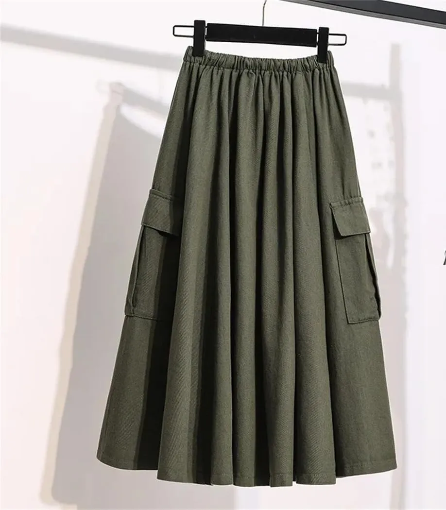 Women Summer Cotton Casual Solid Color Loose Female High Waist Mid Length A-Line Skirts