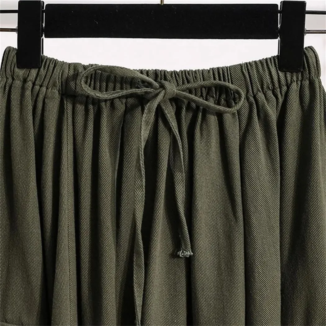 Women Summer Cotton Casual Solid Color Loose Female High Waist Mid Length A-Line Skirts