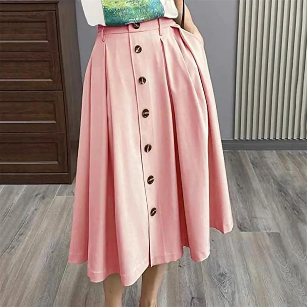 Women Summer Cotton Holiday Solid Color Beach Skirt Fashion Elastic Waist Mid Length Skirts