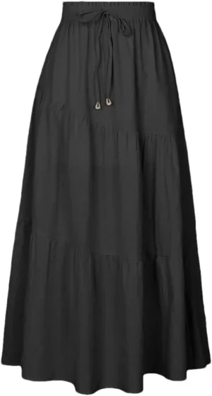 Women Summer Elastic Waisted Drawstring Casual Ruched Skirts High Waist A Line Large Swing Long Skirt
