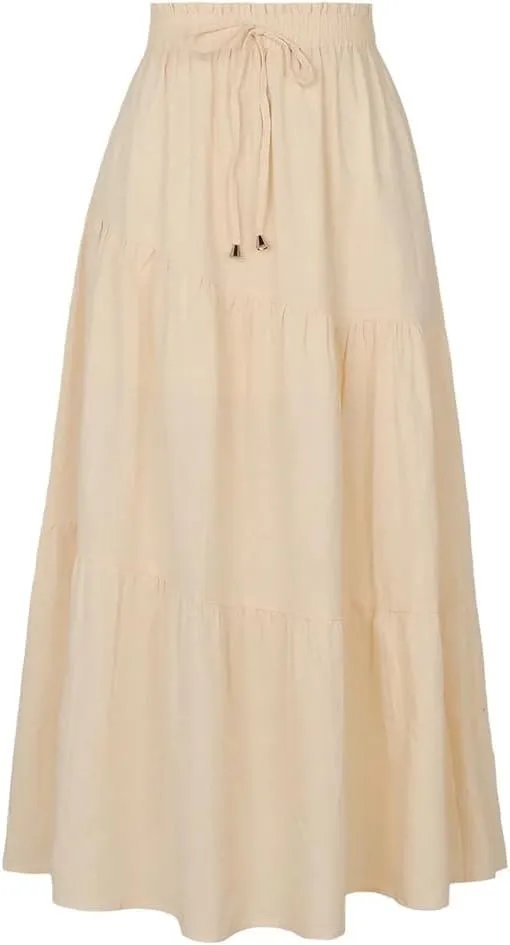 Women Summer Elastic Waisted Drawstring Casual Ruched Skirts High Waist A Line Large Swing Long Skirt