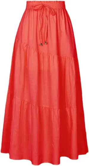 Women Summer Elastic Waisted Drawstring Casual Ruched Skirts High Waist A Line Large Swing Long Skirt