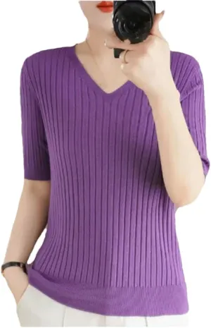 Women Sweater Short Sleeve V-Neck Stripe Slim Fit Korean Fashion Pullovers Thin Knit Bottoming Shirts