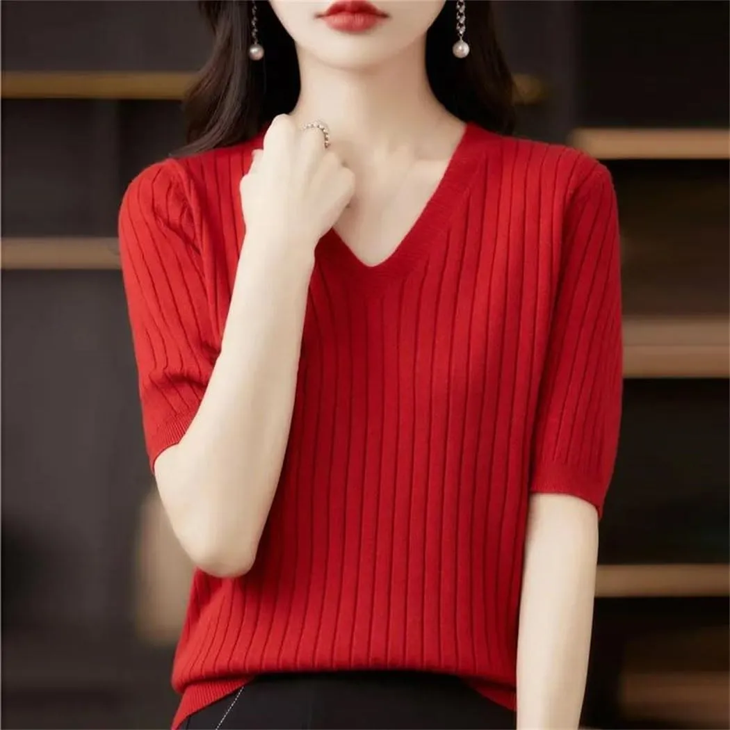 Women Sweater Short Sleeve V-Neck Stripe Slim Fit Korean Fashion Pullovers Thin Knit Bottoming Shirts