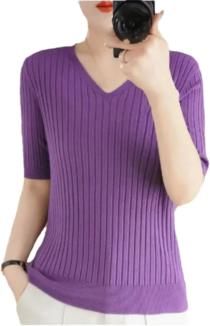 Women Sweater Short Sleeve V-Neck Stripe Slim Fit Korean Fashion Pullovers Thin Knit Bottoming Shirts
