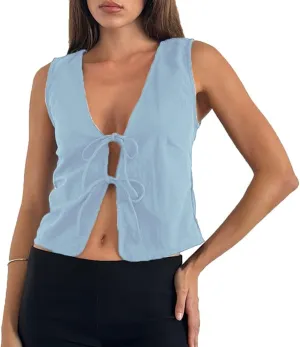 Women Trendy V Neck Bow Tie Front Top Vests Casual Solid Sleeveless Open Front Lace Up Cropped Tanks Y2k Outfits