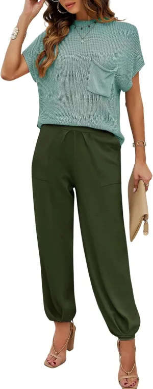 Women Two-Piece Knit Set Short Sleeve Loose Fit Knit Top Tapered Pants Casual Lounge Set Summer Fall