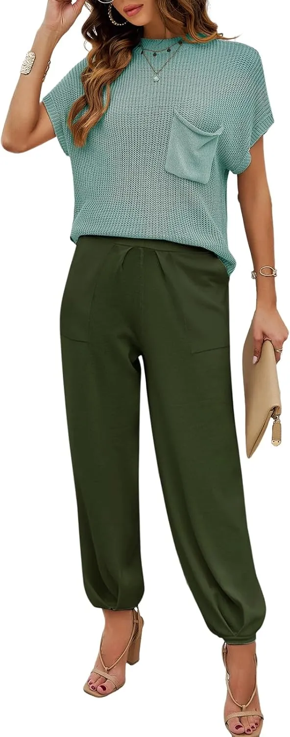 Women Two-Piece Knit Set Short Sleeve Loose Fit Knit Top Tapered Pants Casual Lounge Set Summer Fall