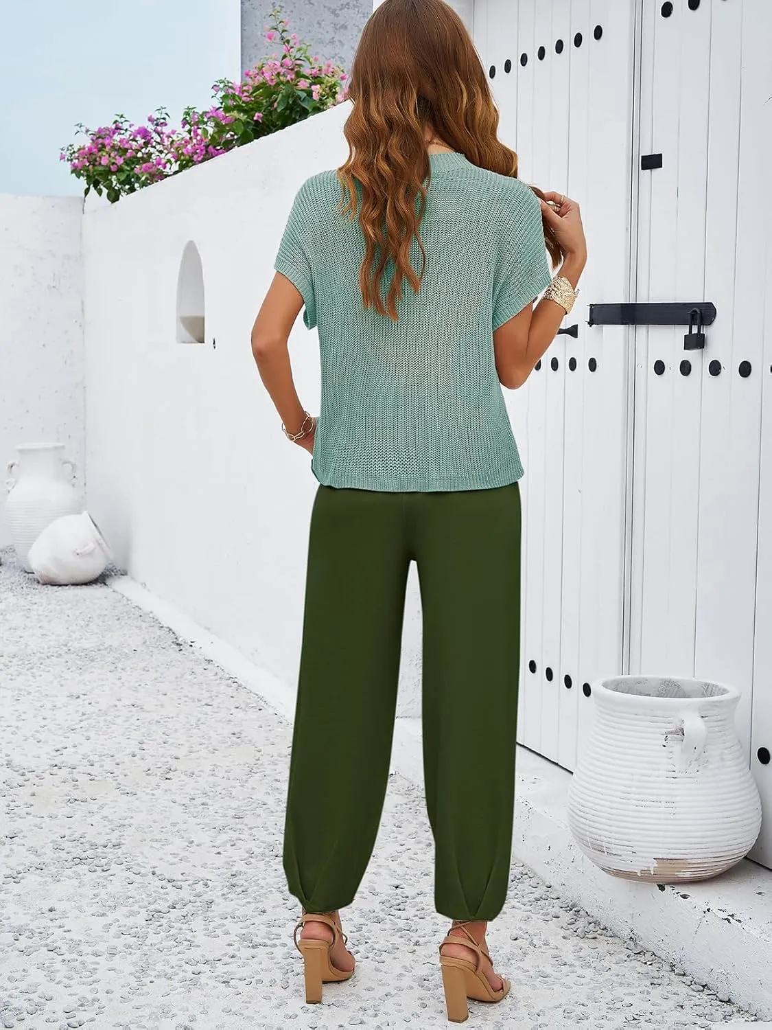Women Two-Piece Knit Set Short Sleeve Loose Fit Knit Top Tapered Pants Casual Lounge Set Summer Fall