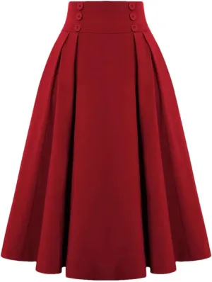 Women Vintage High Waist Skirts Solid Color Pleated Long Autumn Slim Fit Button Skirts