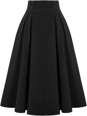 Women Vintage High Waist Skirts Solid Color Pleated Long Autumn Slim Fit Button Skirts