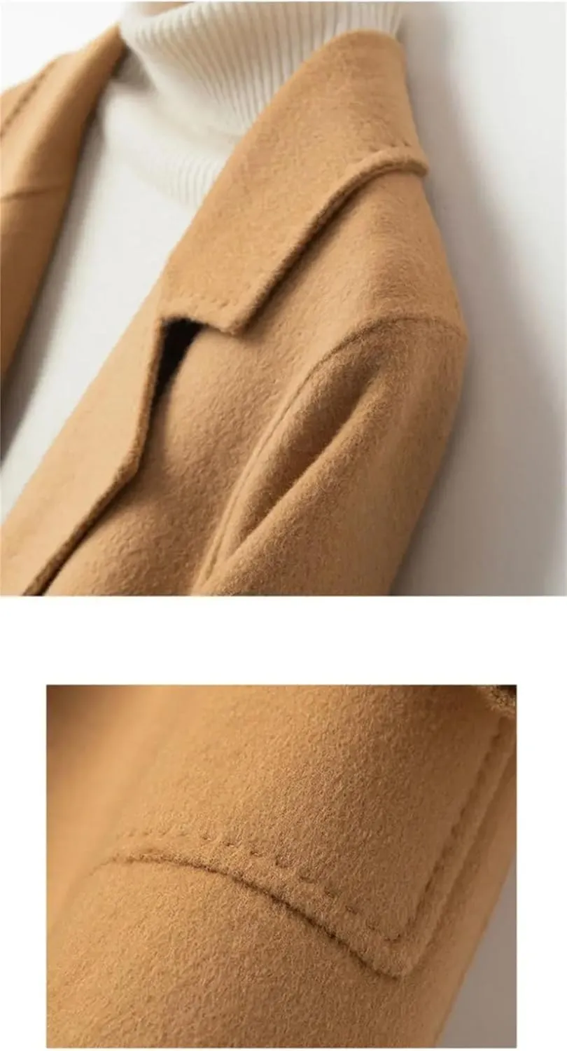 Women Wool Coat Long Double-Faced Wool Overcoat Fashion Suit Collar Outerwear