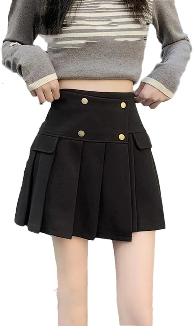 Women Woolen Pleated Mini Skirt Casual Button Patchwork High Waist A-Line Skirt Streetwear