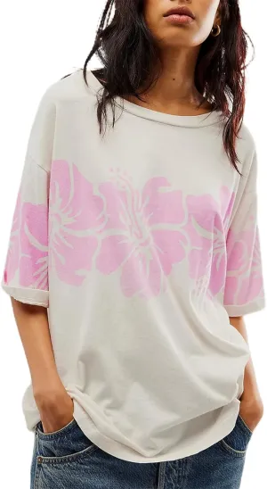 Women Y2K Flower Graphic Short Sleeve Tee Shirts Vintage Oversized Crew Neck T-Shirts Casual Baggy Aesthetic Tops