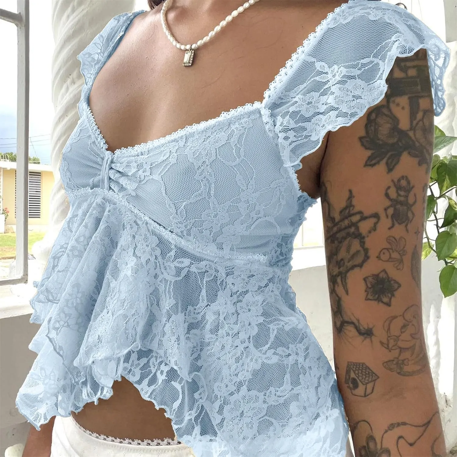 Women Y2k Lace Crop Top Sexy Slim Fit V Neck See Through Mesh Sheer Camisole Fairy Grunge Aesthetic Summer Streetwear
