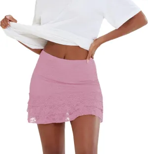 Women Y2k Lace Mini Skirt Ruffle Pleated High Waist Short Skirts Floral Lace Trim Flowy Micro Skirt Streetwear