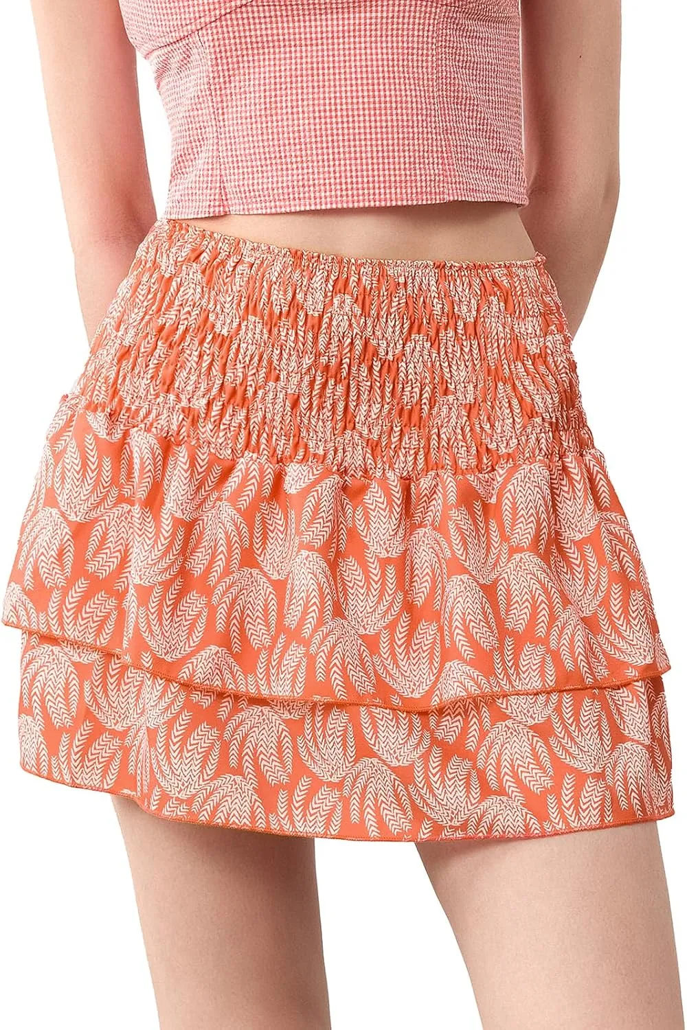 Women Y2k Ruffle Fairy Mini Skirt Floral Striped Elastic High Waist Short Skirt Boho Layered Pleated Skirt