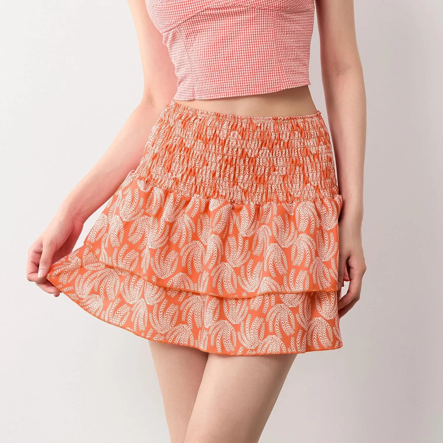 Women Y2k Ruffle Fairy Mini Skirt Floral Striped Elastic High Waist Short Skirt Boho Layered Pleated Skirt