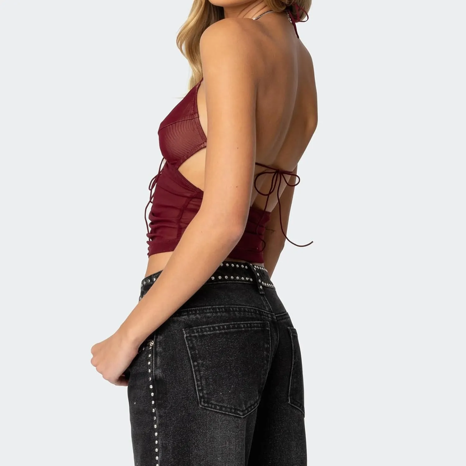 Women Y2k Tie Up Crop Top Sleeveless V Neck Ruched See Through Tanks Mesh Sheer Backless Slim Fit Halter Top