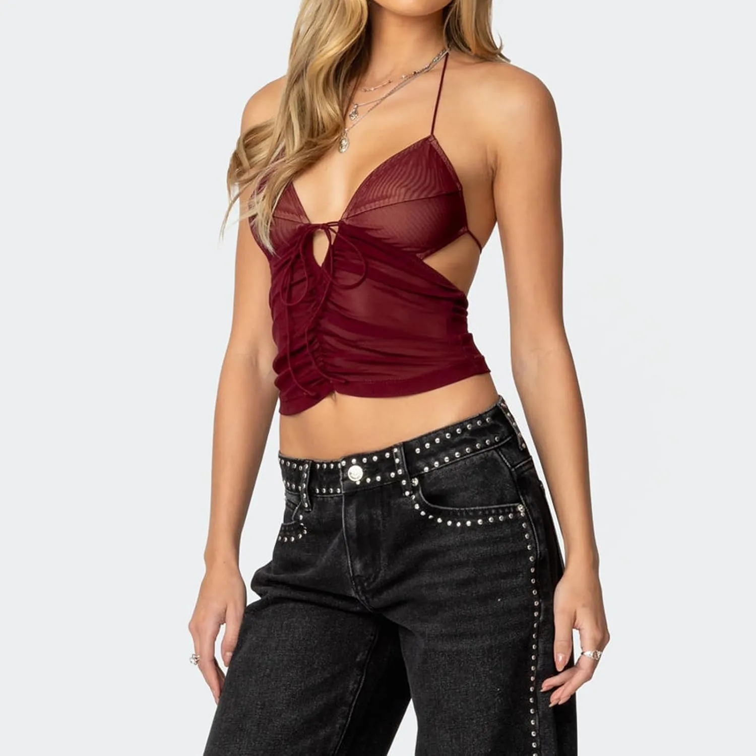 Women Y2k Tie Up Crop Top Sleeveless V Neck Ruched See Through Tanks Mesh Sheer Backless Slim Fit Halter Top