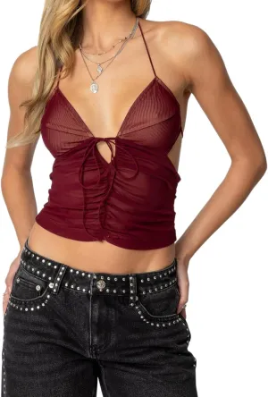 Women Y2k Tie Up Crop Top Sleeveless V Neck Ruched See Through Tanks Mesh Sheer Backless Slim Fit Halter Top