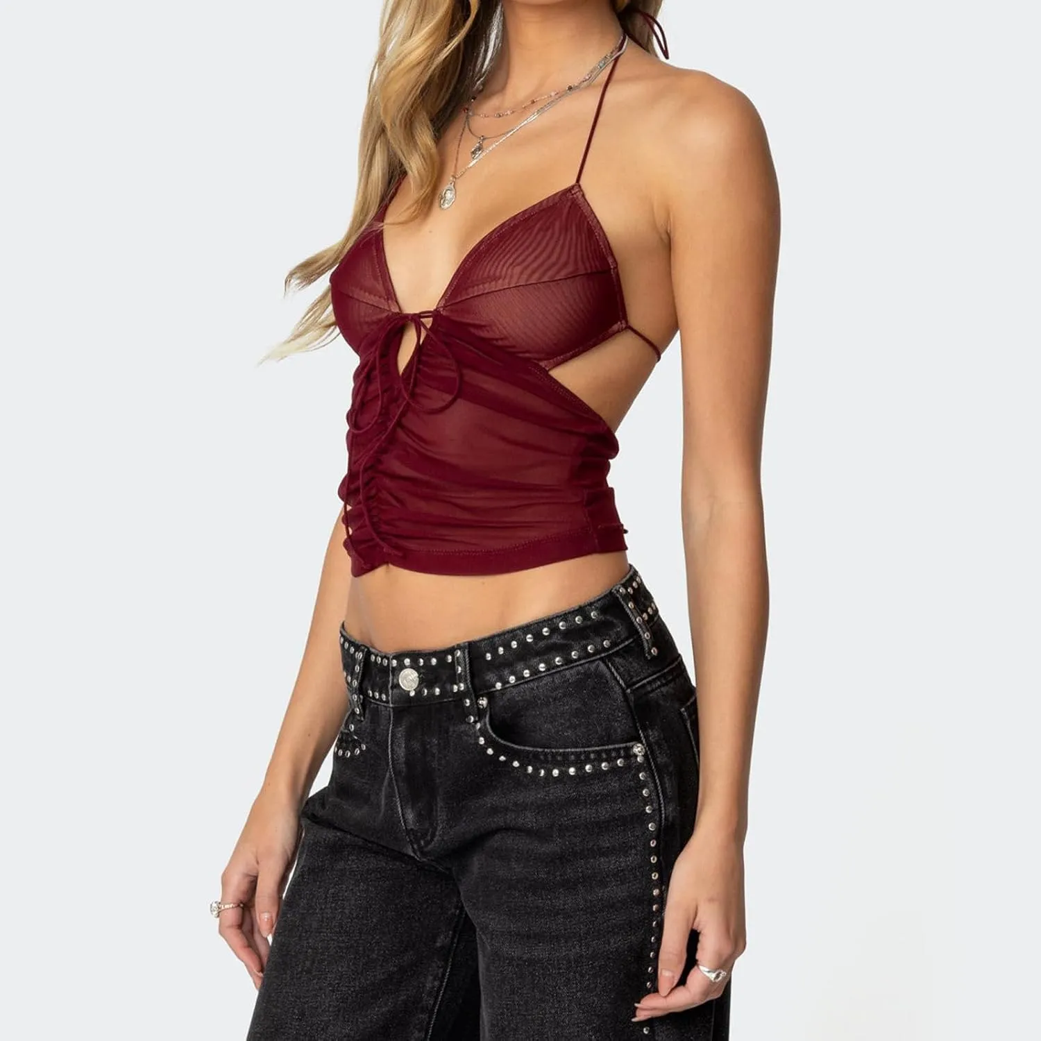 Women Y2k Tie Up Crop Top Sleeveless V Neck Ruched See Through Tanks Mesh Sheer Backless Slim Fit Halter Top