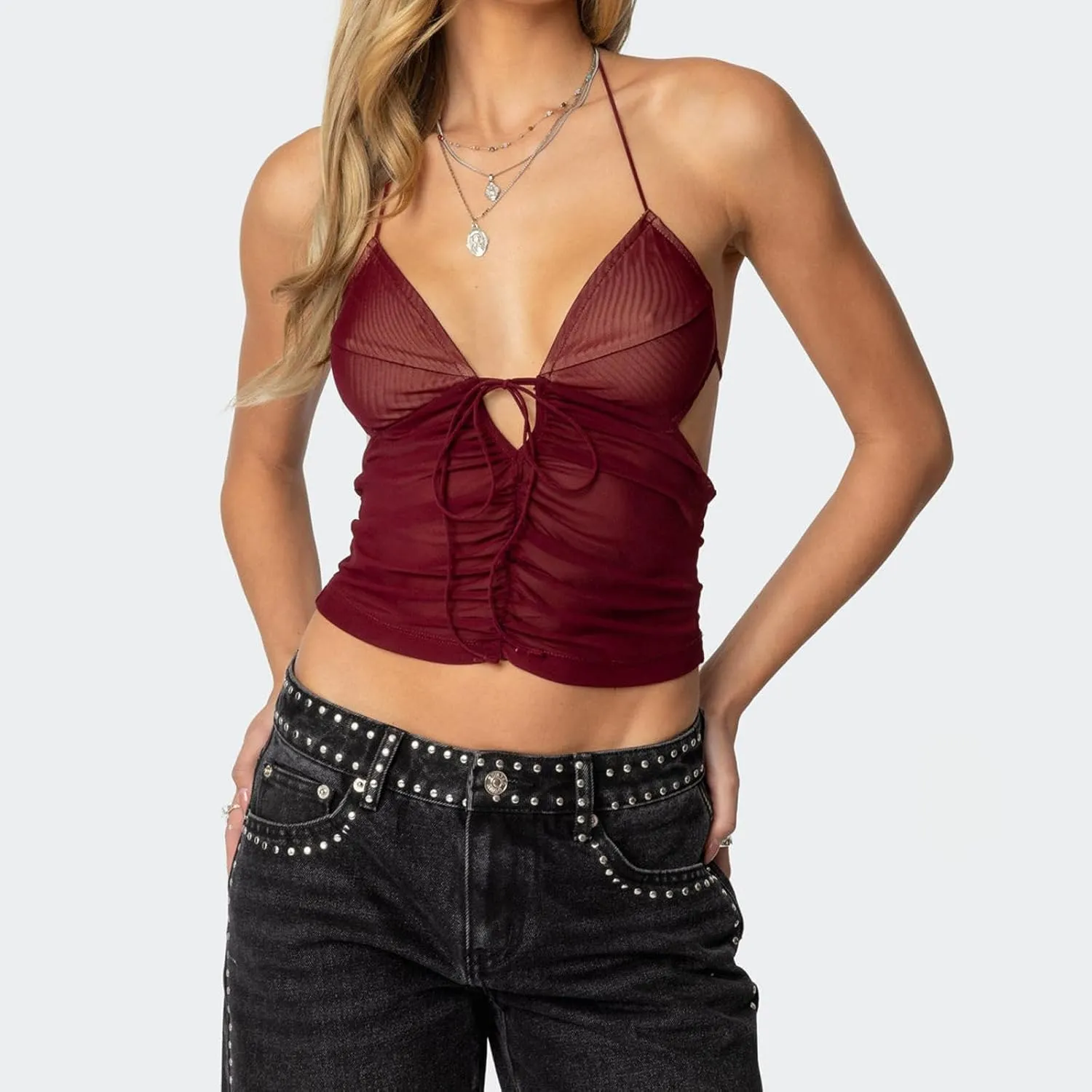 Women Y2k Tie Up Crop Top Sleeveless V Neck Ruched See Through Tanks Mesh Sheer Backless Slim Fit Halter Top
