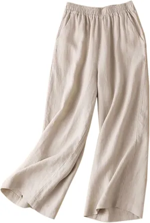 Women's 100% Linen Wide Leg Pants Casual Loose High Waisted Flowy Palazzo Trousers with Pockets